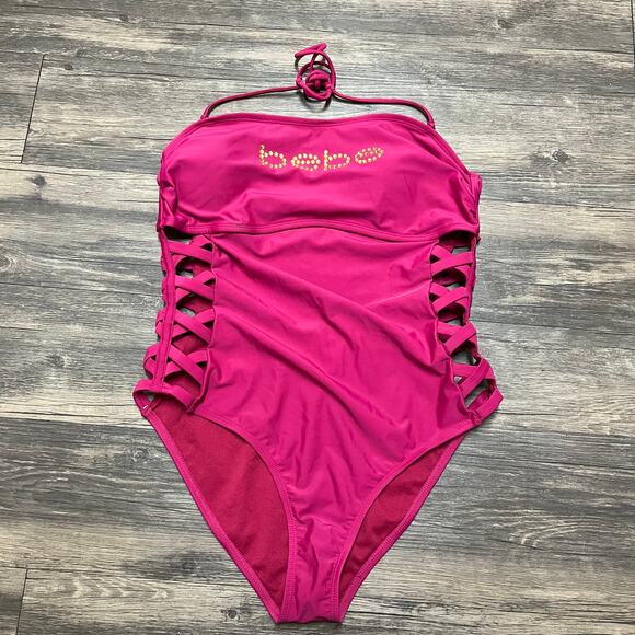 bebe Hot Pink Rhinestone Logo One-Piece Swimsuit Y2K Cutout XL Glam Swarovski - Picture 3 of 8